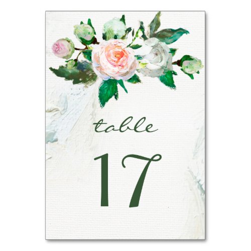 Elegant White Blush Pink Oil Painted Roses Wedding Table Number