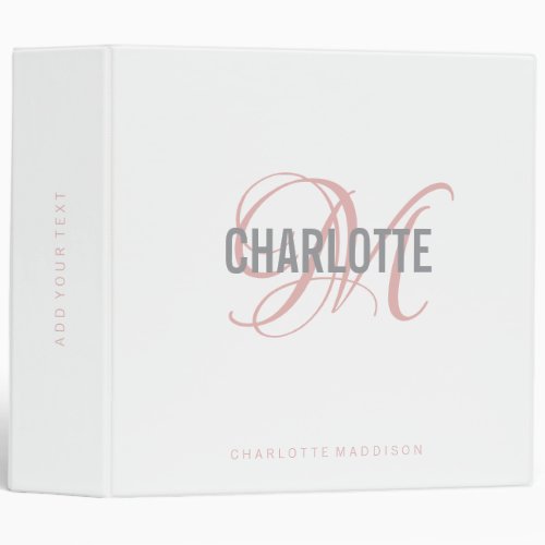 Elegant white blush pink  Script Monogram Name   3 Ring Binder