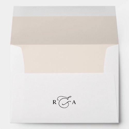 Elegant White & Blush Return Address Monogram Enve Envelope - Designed to coordinate with our Romantic Script wedding collection, this customizable Invitation envelope with pre-printed return address, features a white envelope with black text with a neutral blush background on the inside. To make advanced changes, please select "Click to customize further" option under Personalize this template.