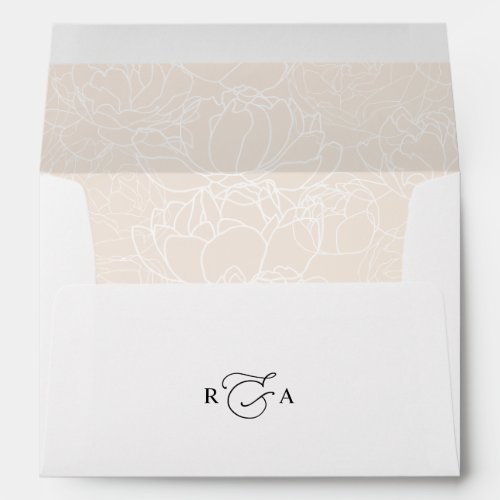 Elegant White & Blush Return Address Monogram Envelope - Designed to coordinate with our Romantic Script wedding collection, this customizable Invitation envelope with pre-printed return address, features a white envelope with black text and botanical line art pattern set on a neutral blush background on the inside. To make advanced changes, please select "Click to customize further" option under Personalize this template.