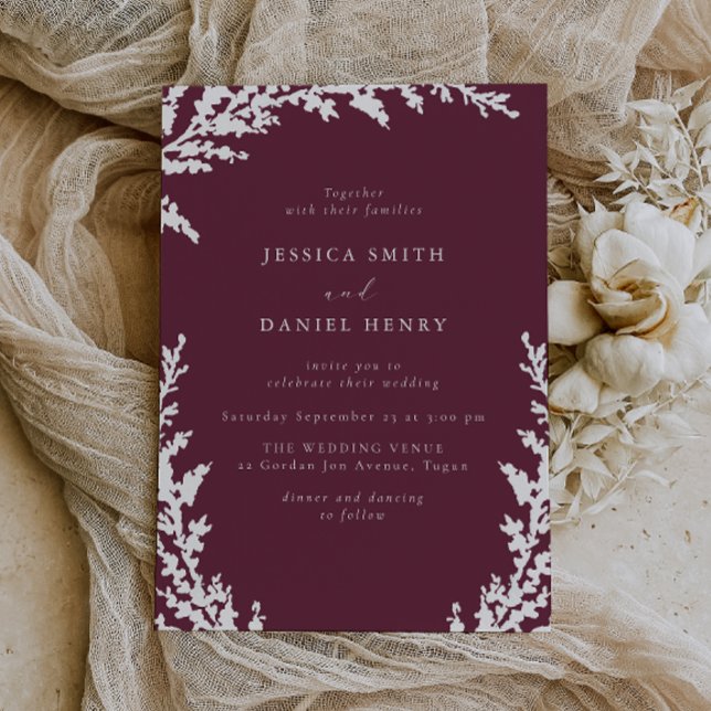 Elegant White Boho Leaf Burgundy Merlot Wedding Invitation (Creator Uploaded)