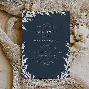 Elegant White Boho Leaf Navy Blue Wedding Invitation