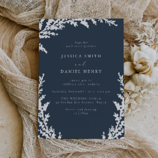 Elegant White Boho Leaf Navy Blue Wedding Invitation