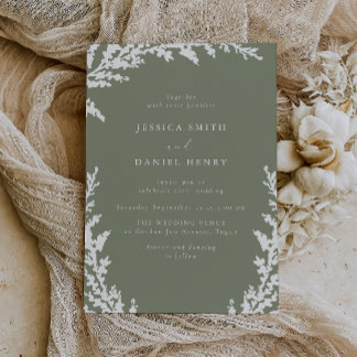 Elegant White Boho Leaf Sage Green Wedding Invitation
