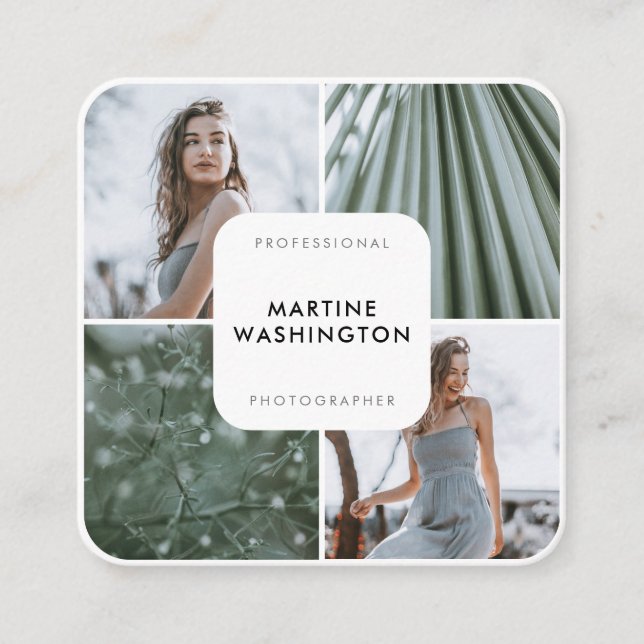 Elegant white border photographer modern minimal square business card (Front)