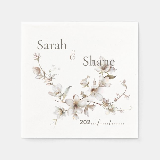 Elegant White Botanical Blossom Ivory Wedding Napkins (Front)