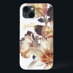 Elegant White Botanical Florals | Custom Text iPhone 13 Case<br><div class="desc">Beautiful elegant floral graphics on emerald green background and modern text on a lighter green background.</div>