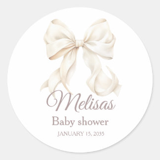Elegant White Bow Baby Shower  Classic Round Stick Sticker