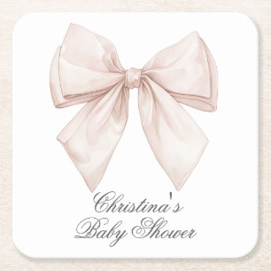 Elegant White Bow Baby Shower Square Paper Coaster