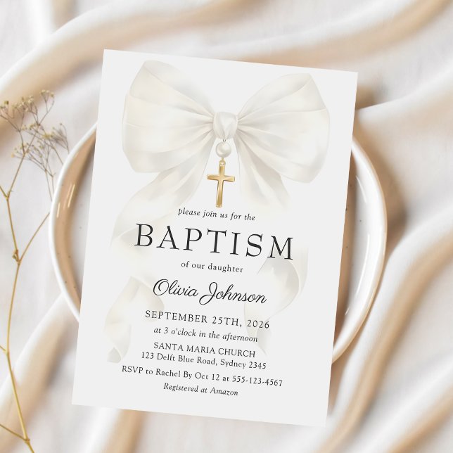 Elegant White Bow Baptism Girl Invitation (Creator Uploaded)