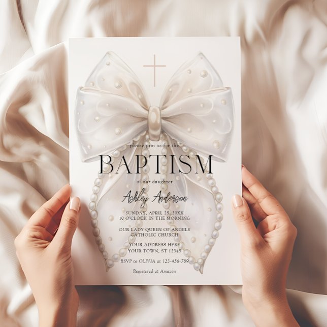 Elegant White Bow Baptism Girl Invitation (Creator Uploaded)