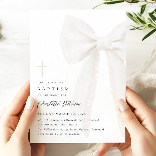 Elegant White Bow Baptism Invitation