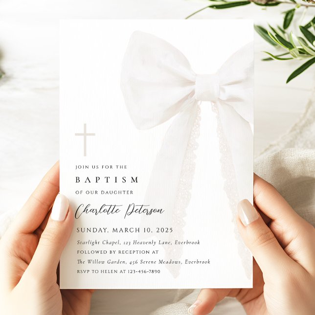 Elegant White Bow Baptism Invitation (Creator Uploaded)