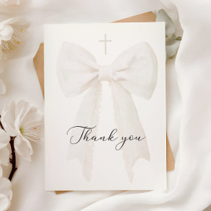 Elegant White Bow Baptism Letterpress Thank You Card
