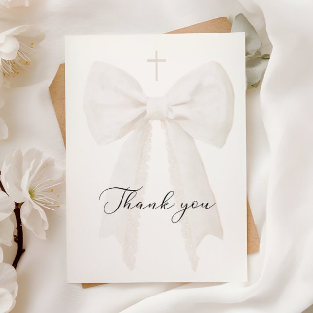 Elegant White Bow Baptism Thank You Card (Creator Uploaded)