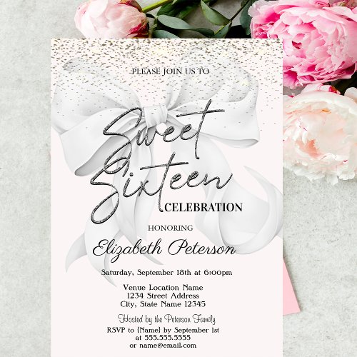 Elegant White Bow Confetti Sweet 16 Invitation