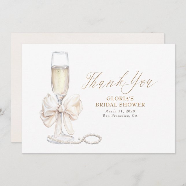 Elegant White Bow Prosecco Bridal Shower Thank You (Front/Back)