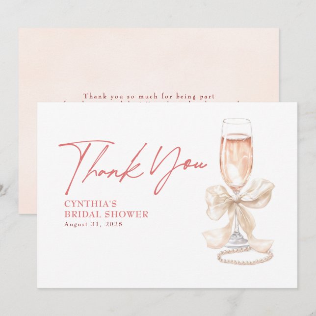 Elegant White Bow Prosecco Bridal Shower Thank You (Front/Back)