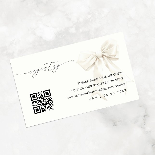 Elegant White Bow Qr Code Wedding Gift Registry Enclosure Card (Creator Uploaded)