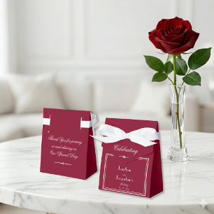 Elegant White Bow & Script on Cute Burgundy Red Favor Boxes