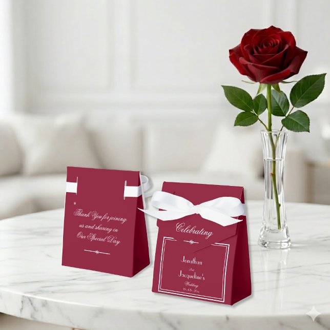 Elegant White Bow & Script on Cute Burgundy Red Favor Boxes (Too cute for words. See matching items in our Burgundy Red Wedding Collection.)