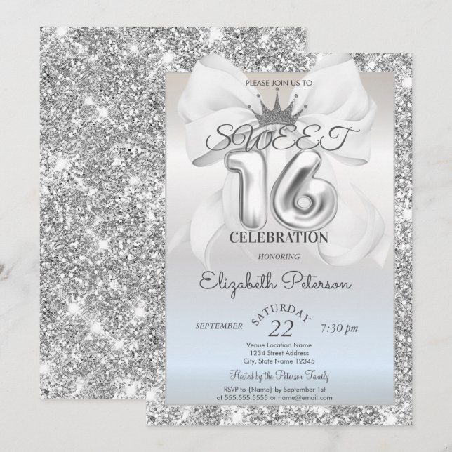 Elegant White Bow,Tiara,Silver Glitter Sweet 16  Invitation (Front/Back)