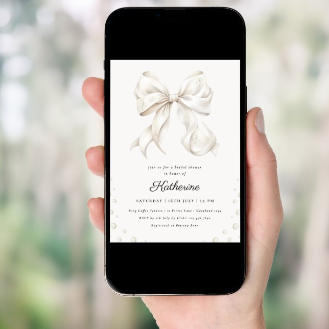  Elegant White Bows and Pearls Bridal Shower Invitation (Front Digital)