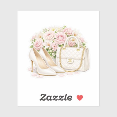 Elegant White Bridal Shoes and Luxury Handbag  Sticker