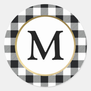 Elegant White Buffalo Plaid Initial Monogram Classic Round Sticker