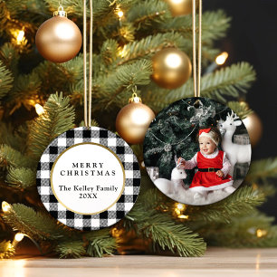 Elegant White Buffalo Plaid Photo Ceramic Ornament