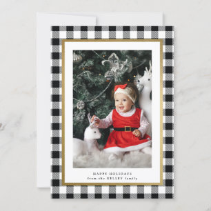 Elegant White Buffalo Plaid Vertical Photo Holiday Card