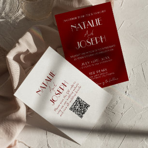 Elegant White Burgundy Minimalist QR Code Wedding Invitation