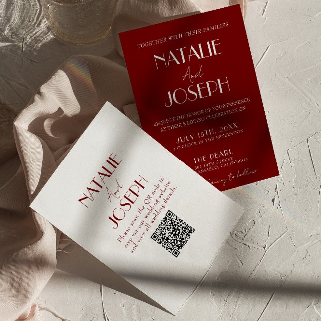 Elegant White Burgundy Minimalist QR Code Wedding Invitation (Creator Uploaded)