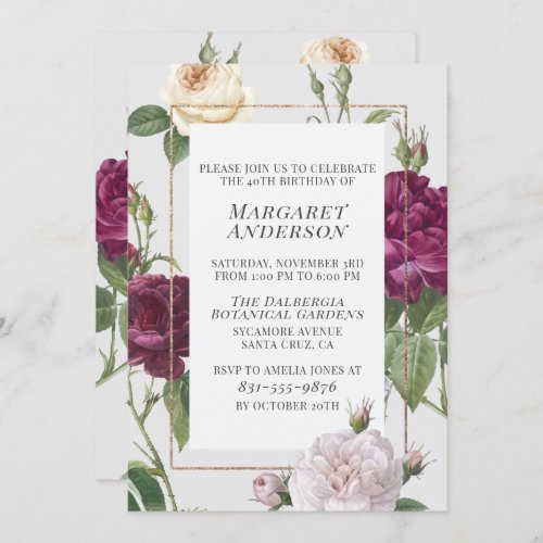 Elegant White  Burgundy Roses Birthday Party Invitation