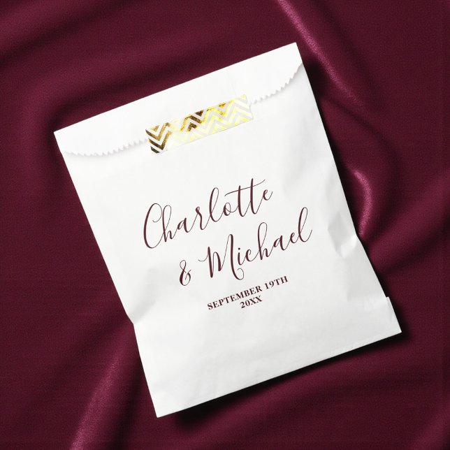 Elegant White & Burgundy Script Minimalist Wedding Favor Bag (Creator Uploaded)
