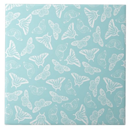 Elegant White Butterflies Blue Design Ceramic Tile