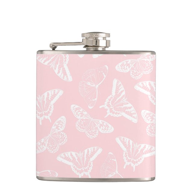 Elegant White Butterflies Pink Design Flask (Front)