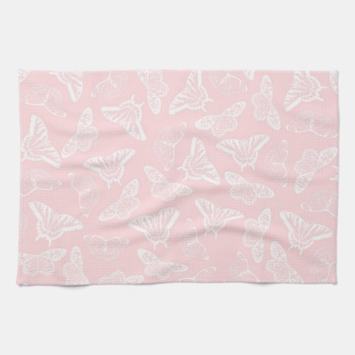 Elegant White Butterflies Pink Design Kitchen Towel