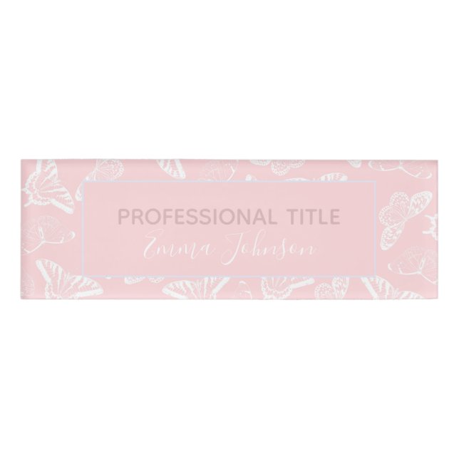 Elegant White Butterflies Pink Design Name Tag (Front)