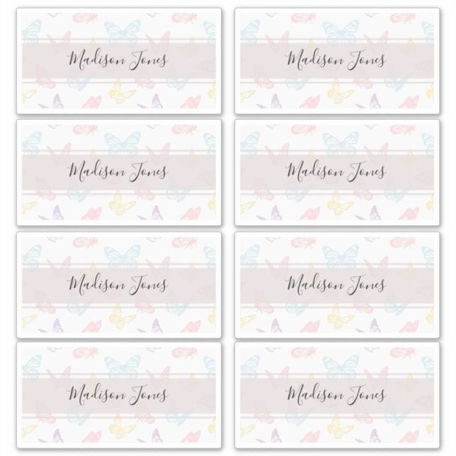 Elegant White Butterfly Pattern Kids Name Book Sticker (Front)