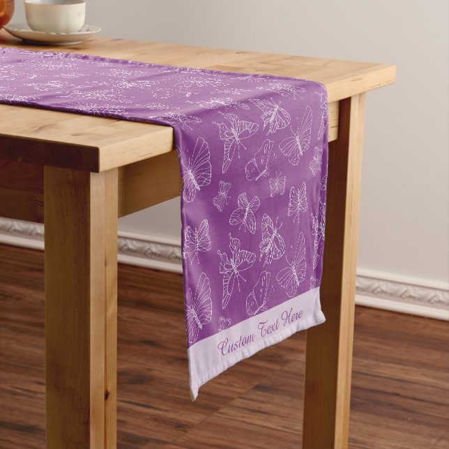 Elegant White Butterfly Pattern Purple Personalize Short Table Runner (In Situ)
