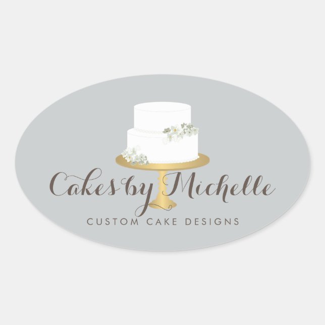 Elegant White Cake with Florals Cake Decorating Oval Sticker (Front)