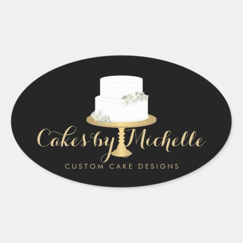 Elegant White Cake with Florals II Cake Decorating Oval Sticker