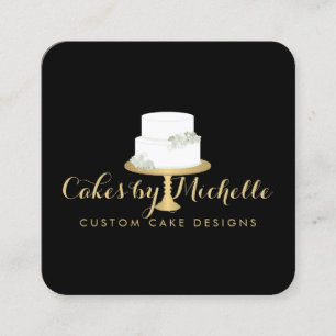 Elegant White Cake with Florals II Cake Decorating Square Business Card
