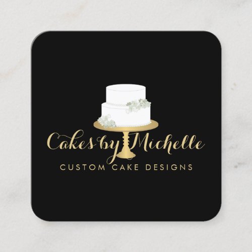 Elegant White Cake with Florals II Cake Decorating Square Business Card
