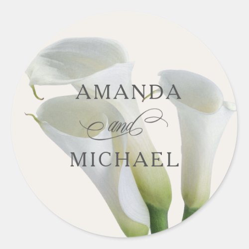 Elegant White Calla Lilies Personalized Classic Round Sticker
