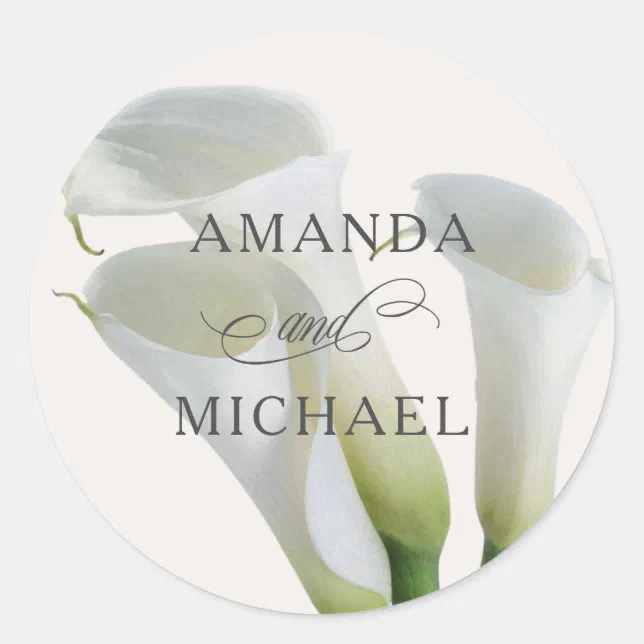 Elegant White Calla Lilies Personalized Classic Round Sticker | Zazzle