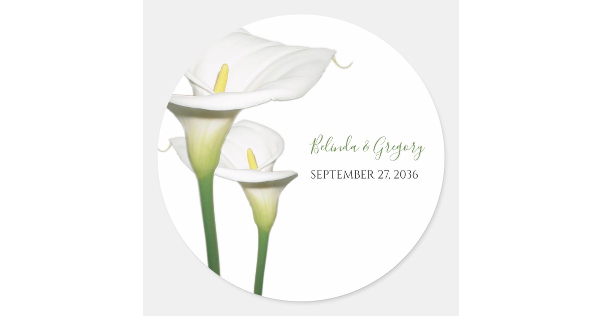 Elegant White Calla Lilies Wedding Classic Round Sticker | Zazzle