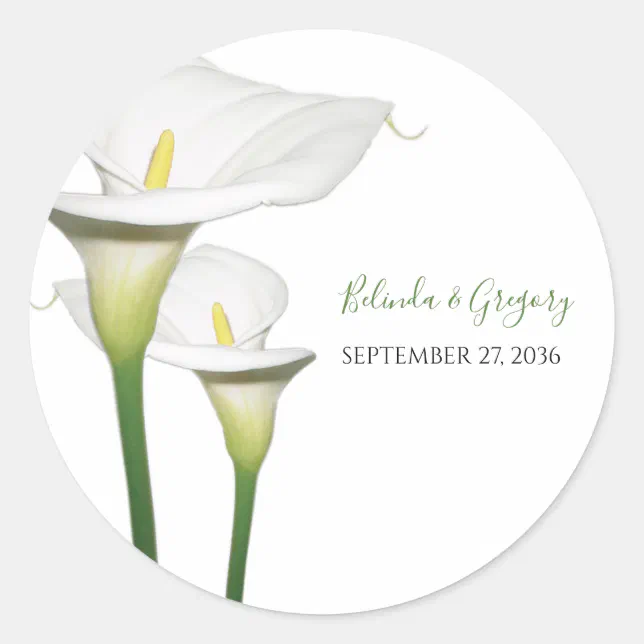 Elegant White Calla Lilies Wedding Classic Round Sticker | Zazzle