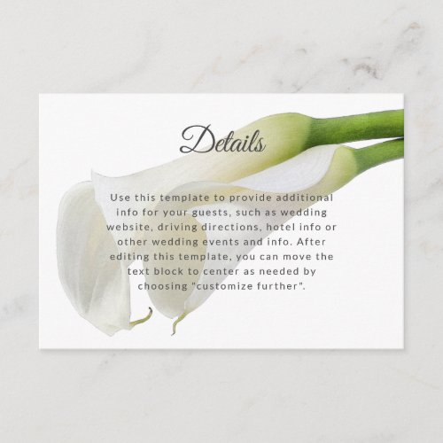 Elegant White Calla Lilies Wedding Details Info Enclosure Card